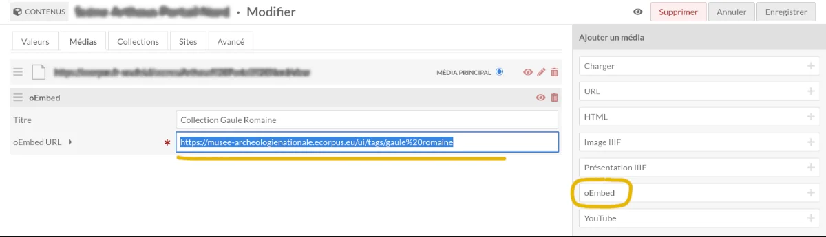 interface de création d'un média oEmbed pointant vers une scène eCorpus dans Omeka S